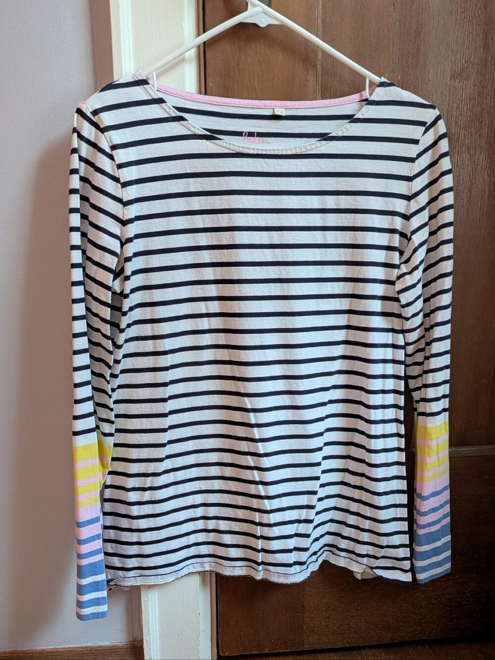 Boden Women's Long-Sleeve Striped Tee in White, Black & Pastel Accents